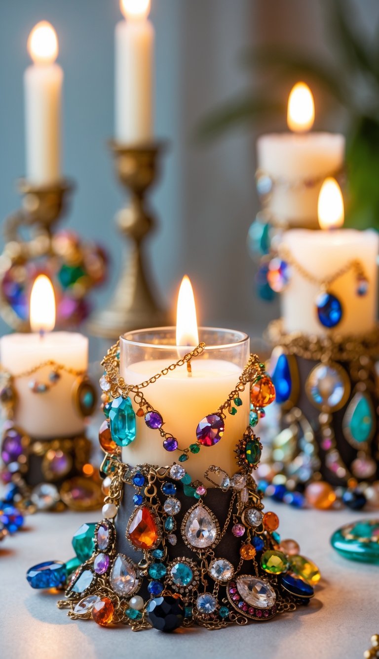 A collection of candle holders made from broken jewelry pieces with lit candles on a neutral surface.